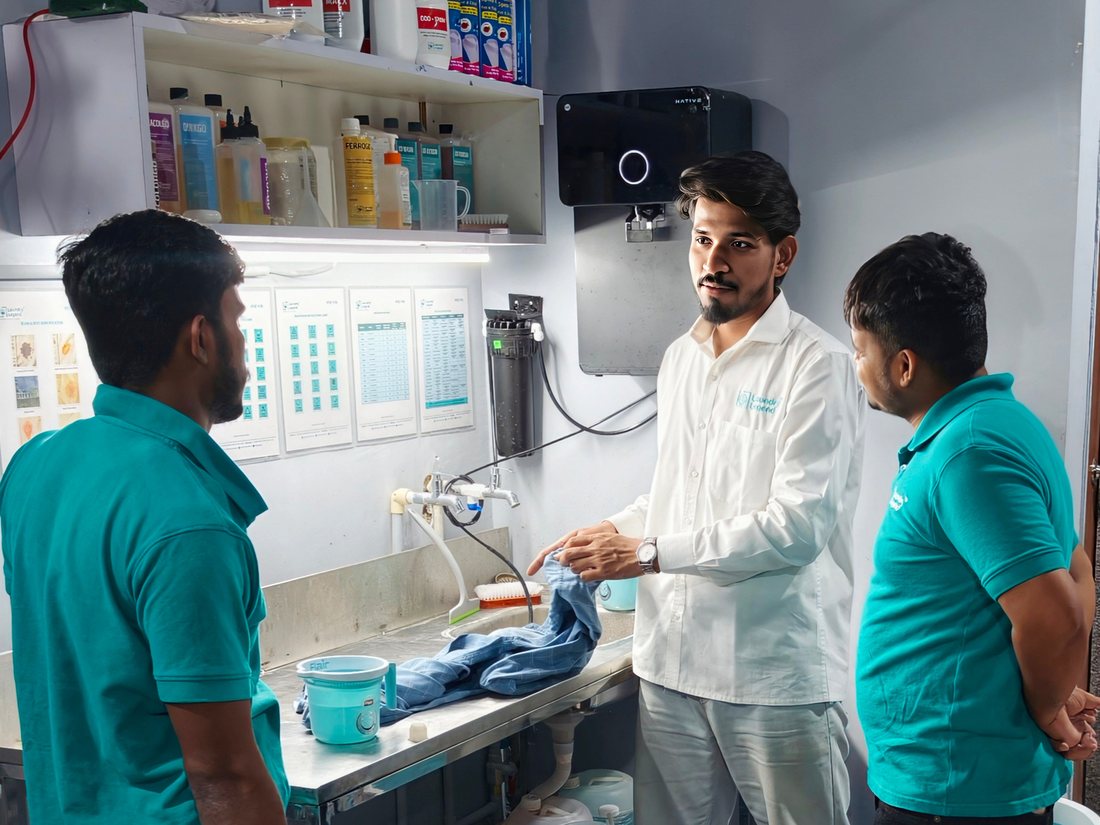 A Laundry Legend Academy trainer demonstrating fabric care technique to two trainees